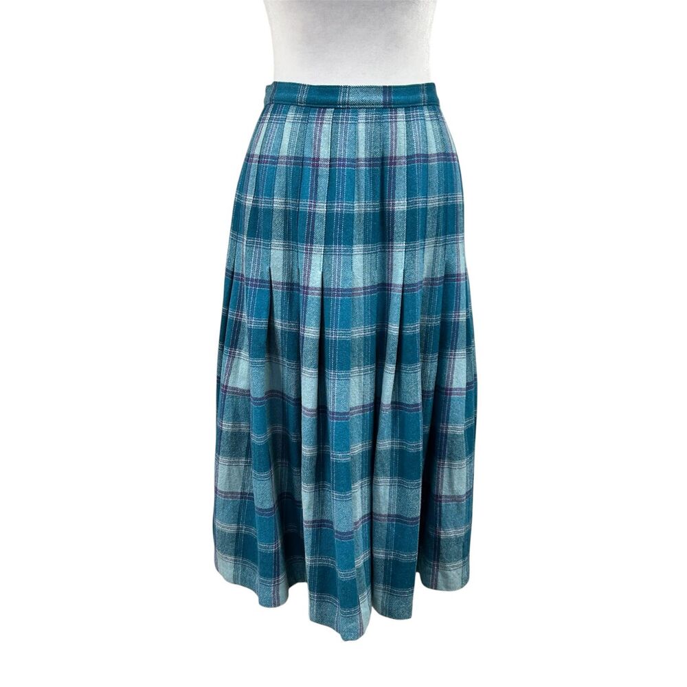 Vintage Pendleton Virgin Wool Plaid Pleated A Line Skirt Sz 10 Blue